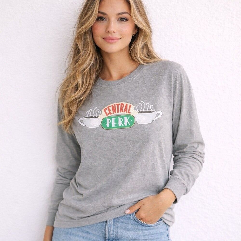 Friends Grey Logo Central Perk Long Sleeve T Shirt TV Show Coffee